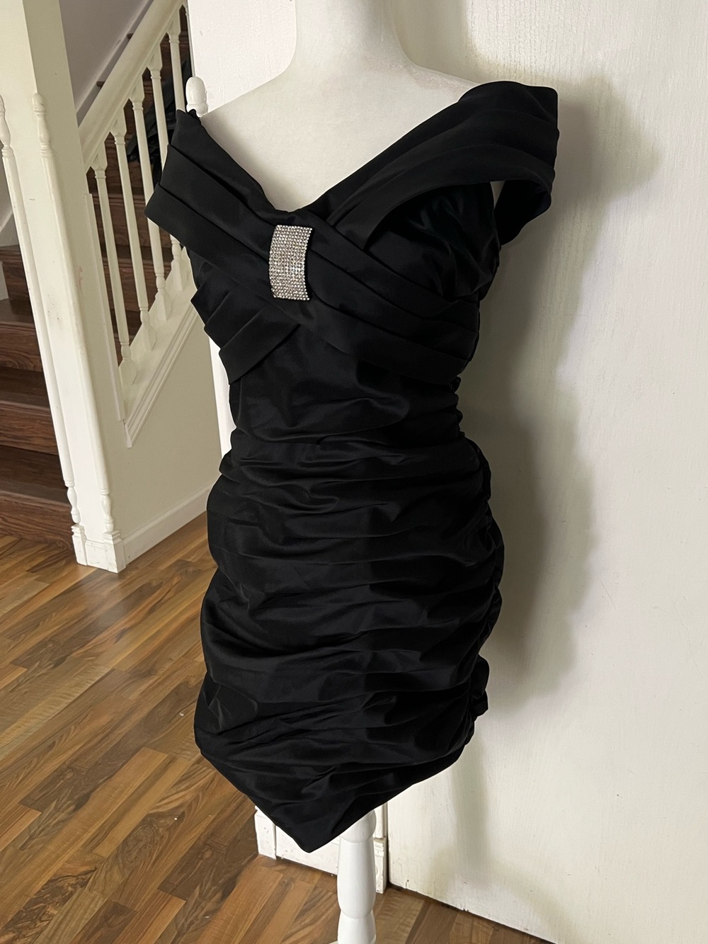 Vintage Cachet Black Off the Shoulder Ruched Party Dress w Rhinestone Accent,